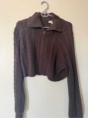 PacSun Cropped Cable-Knit Half-Zip Sweater - Chocolate Brown